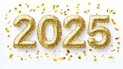Shiny Gold Glitter '2025' Numbers on White Background with Golden Confetti, Creating a Festive and Joyful Flat Lay Composition in High-Resolution Vector Illustration