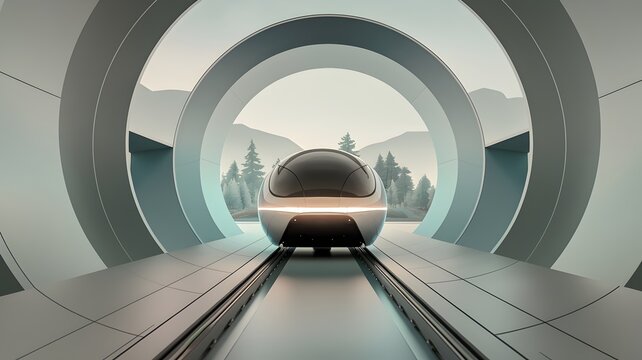 Minimalist glowing hyperloop pod traveling through pastel-colored tubular track