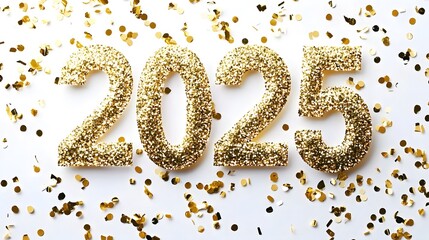 Shiny Gold Glitter '2025' Numbers on White Background with Golden Confetti, Creating a Festive and Joyful Flat Lay Composition in High-Resolution Vector Illustration