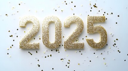 Shiny Gold Glitter '2025' Numbers on White Background with Golden Confetti, Creating a Festive and Joyful Flat Lay Composition in High-Resolution Vector Illustration