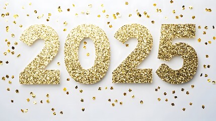 Shiny Gold Glitter '2025' Numbers on White Background with Golden Confetti, Creating a Festive and Joyful Flat Lay Composition in High-Resolution Vector Illustration