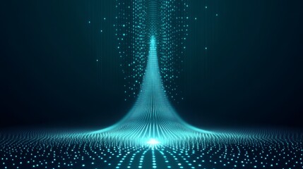 Abstract teal light particles converging into a bright point, creating a futuristic digital tunnel effect on dark background.