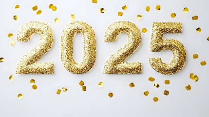 Shiny Gold Glitter '2025' Numbers on White Background with Golden Confetti, Creating a Festive and Joyful Flat Lay Composition in High-Resolution Vector Illustration