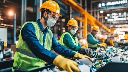 Waste management workers sorting recyclables industrial facility candid scene indoor environment close-up perspective sustainability efforts