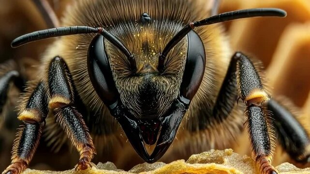 Close-up exploration of a bee on honeycomb in nature highlighting pollination importance