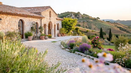 Obraz premium Serenity of Rustic Italian Villa Surrounded by Lush Green Hills and Vibrant Flower Gardens at Sunset