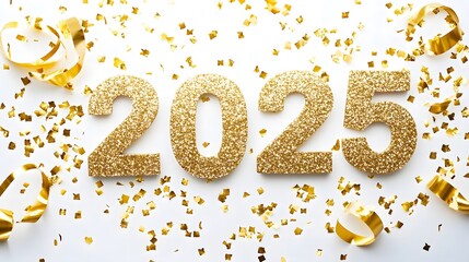Shiny Gold Glitter '2025' Numbers on White Background with Golden Confetti, Creating a Festive and Joyful Flat Lay Composition in High-Resolution Vector Illustration