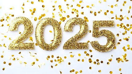 Shiny Gold Glitter '2025' Numbers on White Background with Golden Confetti, Creating a Festive and Joyful Flat Lay Composition in High-Resolution Vector Illustration