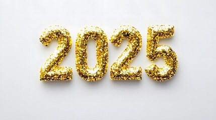 Shiny Gold Glitter '2025' Numbers on White Background with Golden Confetti, Creating a Festive and Joyful Flat Lay Composition in High-Resolution Vector Illustration