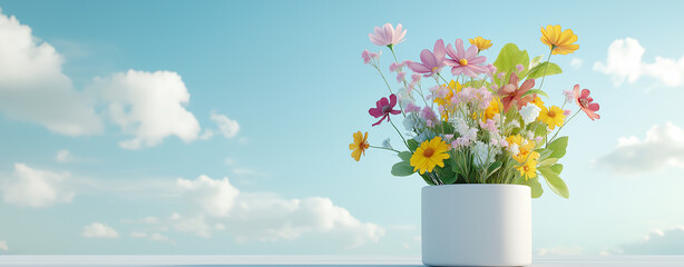 Banner of : flowers field Panoramic meadow with wildflowers of mountains, bright blue sky and clouds. Cheerful nature landscape with copy space, background.	