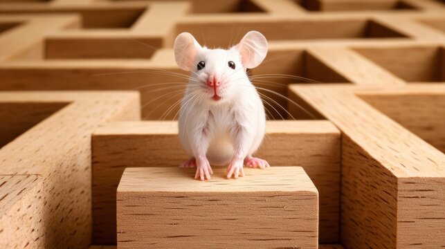 White mouse navigates wooden maze indoor environment close-up