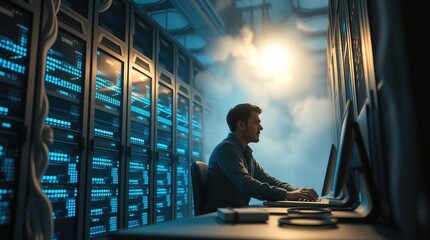 A person working intently at a computer in a server room filled with blue-lit servers.