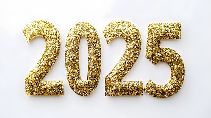 Shiny Gold Glitter '2025' Numbers on White Background with Golden Confetti, Creating a Festive and Joyful Flat Lay Composition in High-Resolution Vector Illustration