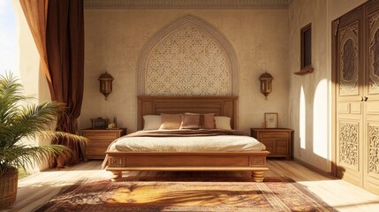 Luxurious Moroccan bedroom interior design with wooden bed, ornate doors, and patterned wall.