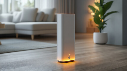 sleek modern electric heater stands upright on a clean, minimalist surface. Its compact design, metallic finish, and efficient form symbolize innovation, energy efficiency, and contemporary lifestyle