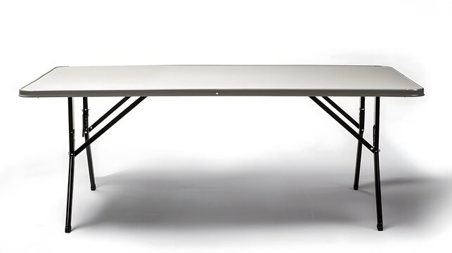 A white folding table with black legs