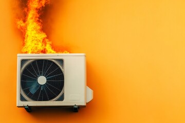 Air conditioner on fire against an orange wall backdrop.