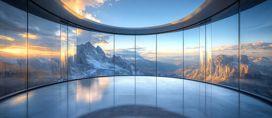 Obraz premium Elegant observation platform with panoramic glass walls and distant mountains