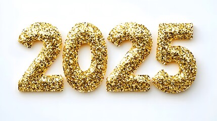 Shiny Gold Glitter '2025' Numbers on White Background with Golden Confetti, Creating a Festive and Joyful Flat Lay Composition in High-Resolution Vector Illustration