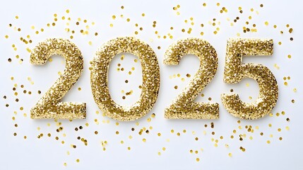 Shiny Gold Glitter '2025' Numbers on White Background with Golden Confetti, Creating a Festive and Joyful Flat Lay Composition in High-Resolution Vector Illustration