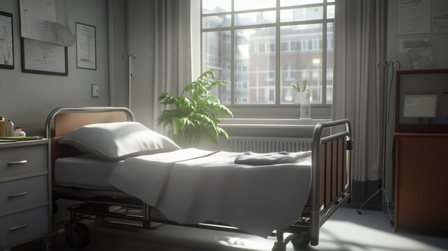 Hospital bed in ward, where life's fragility meets compassionate care, symbolizing hope and healing in a nurturing environment.