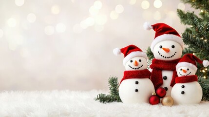 Fototapeta premium Joyful snowman family with red scarves winter wonderland photography