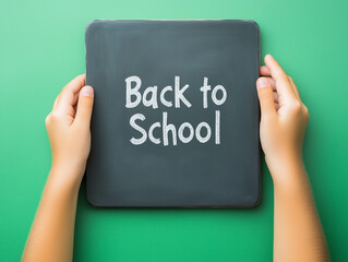 Hands holding a chalkboard with "Back to School" written