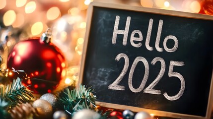 Festive 'Hello 2025' Chalkboard Sign Surrounded by Christmas Lights and Ornaments, Creating a Warm and Holiday-Themed Celebration Atmosphere