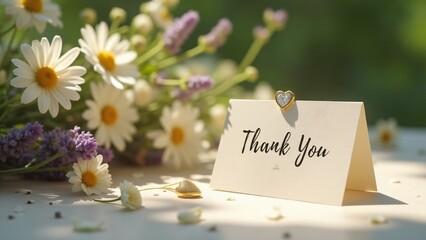 "A heartfelt wildflower arrangement featuring daisies, lavender, and greenery, paired with a handwritten 'Thank You' card. Soft sunlight enhances its delicate charm, radiating elegance."