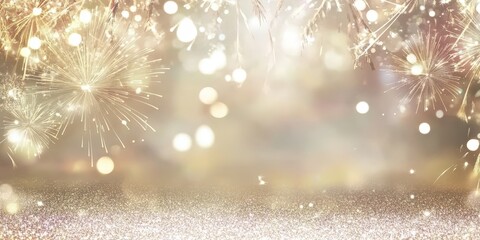 Sparkling Fireworks Display with Beautiful Lights in a Soft Background of Glimmering Gold and White for Celebrations or Event Themes