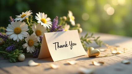"A heartfelt wildflower arrangement featuring daisies, lavender, and greenery, paired with a handwritten 'Thank You' card. Soft sunlight enhances its delicate charm, radiating elegance."