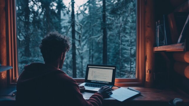 Young caucasian male working remotely in cozy cabin overlooking forested landscape
