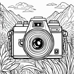 A Line art  camera with a large lens, For Child Book art.