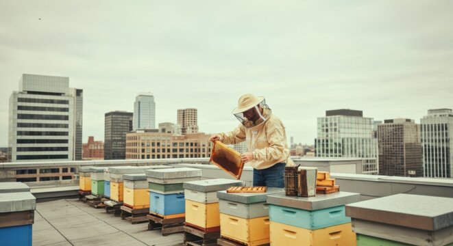 Beekeeper tending urban rooftop hives in cityscape - Powered by Adobe