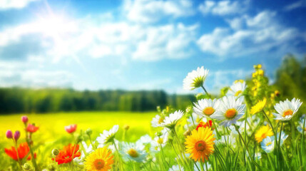 Obraz premium Banner of : flowers field Panoramic meadow with wildflowers of mountains, bright blue sky and clouds. Cheerful nature landscape with copy space, background. 