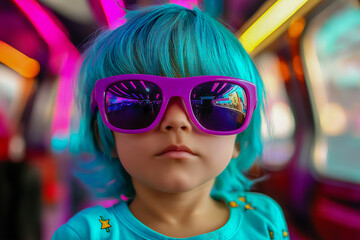 Vibrant child with blue hair and purple sunglasses reflection