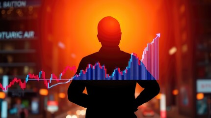 A silhouetted figure stands against a vibrant backdrop, with a rising graph indicating growth.