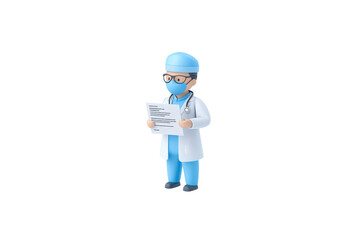 A cartoon doctor wearing scrubs and a mask holds medical paperwork, showcasing a professional, caring demeanor.