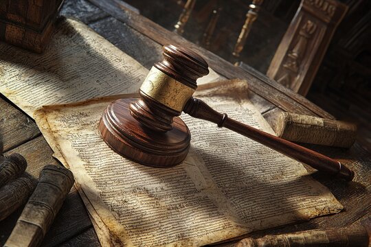 Gavel rests on ancient legal documents and books