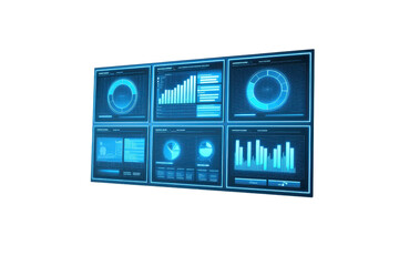 A collection of digital analytics dashboards displaying various graphs, charts, and data visualizations in a futuristic design.