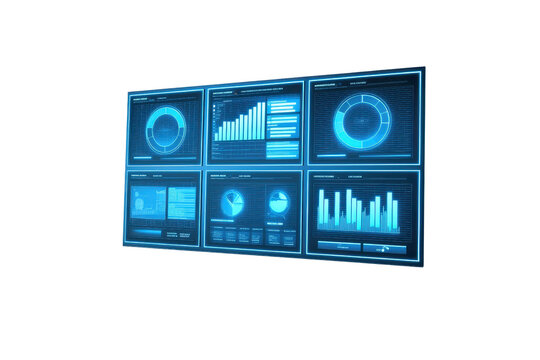 A collection of digital analytics dashboards displaying various graphs, charts, and data visualizations in a futuristic design.