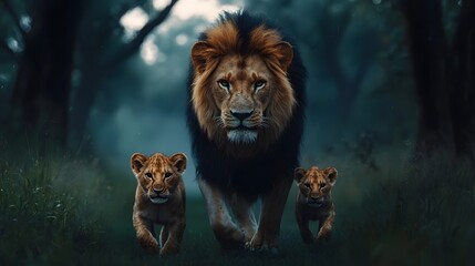 Lion Walking with Cubs During Foggy Day