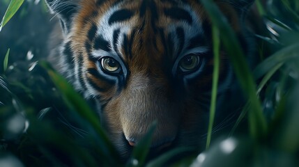 Tiger Face Hidden in the Grass, Closeup View of Tiger Face