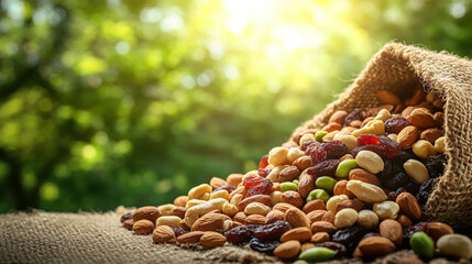 Obraz premium rustic arrangement of dried fruits and nuts in a bowl placed on a wooden table. Warm tones, natural textures, and earthy hues evoke tradition, health, and abundance in this inviting composition