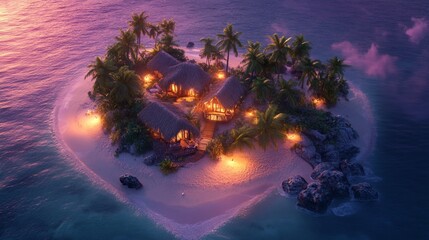 Romantic heart-shaped tropical island at sunset with stunning ocean view