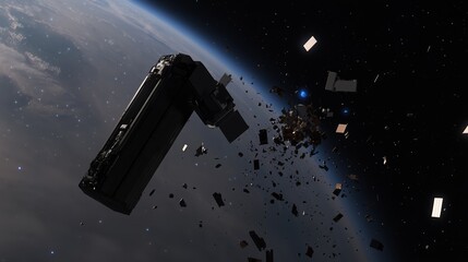 Orbital cleanup illustration depicting a futuristic spacecraft removing debris from Earth's orbit, emphasizing the importance of space sustainability and environmental responsibility.