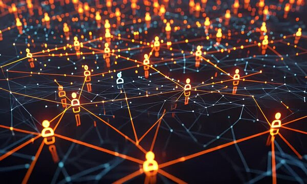 4K animation showcasing a global network of interconnected people, with glowing icons on a dark background, representing social connections and digital networking on a global scale. - Powered by Adobe