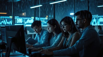 A team of professionals collaborating on data analysis in a modern office setting.