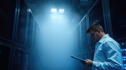 A technician examines data in a high-tech server room illuminated by blue light.