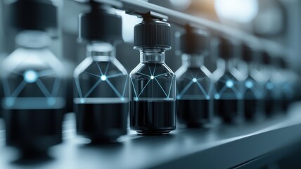 A series of dark liquid-filled bottles with geometric designs, arranged neatly on a shelf, illuminated by soft light, suggesting a scientific or industrial context.